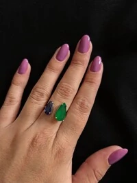 Anel 2 Gotas Esmeralda e Tanzanita Ajustável Prata 925 ródio