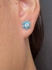Brinco Flor Turquesa Leitosa Prata 925 Ródio