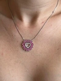 Colar Gravata Coração Zircônia Topázio Rosa Prata 925 Ródio