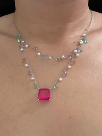 Colar Pendurado Colors Pérola Ametista Fusion Prata 925 Ródio