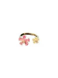Anel 2 flores aberto zircônia rosa e branca Prata 925 Ródio