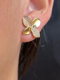Brinco Flor 4 pétalas micro cravação G Prata 925 Ouro 18 k