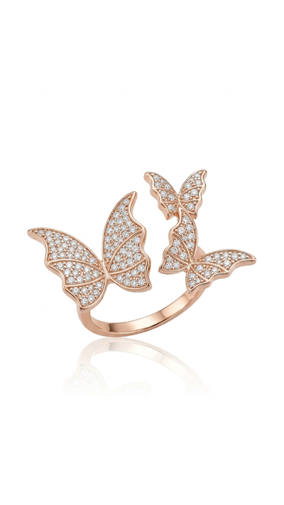 Foto Anel 3 Borboletas Zircônia Prata 925 Ouro Rosê