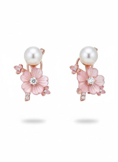 Foto Brinco Flor madre pérola e pérola Prata 925 Ouro Rose