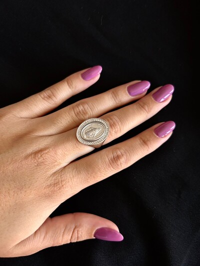 FotoAnel Nossa Senhora oval aberto zircônia Prata 925 Ródio