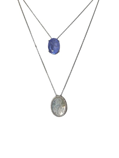 Foto Colar Escapulário Fusion Tanzanita madre pérola zircônia branca 70 cm Prata 925 Ródio