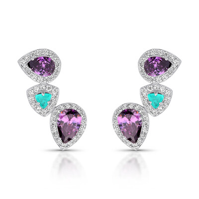 Foto Brinco Ear Cuff três gotas ametista turmalina zircônia Prata 925 Ródio