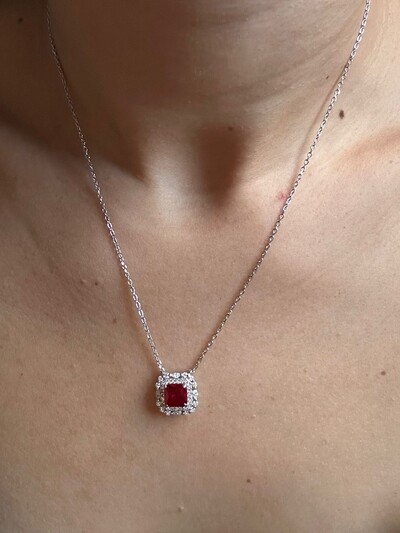 FotoColar Quadrado Rubi Zircônia Prata 925 Ródio