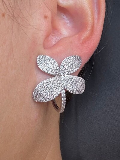 FotoBrinco Quatro Pétalas Ear bling Micro Cravação Prata 925 Ródio
