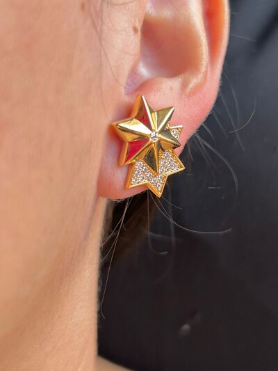 FotoBrinco duas estrelas cravação zircônia Prata 925 Ouro 18k