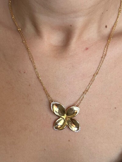 FotoColar Flor 4 pétalas zircônia borda lisa Prata 925 Ouro 18 k