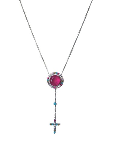 Foto Colar Redondo Rubi Cristal Cruz Prata 925 Ródio