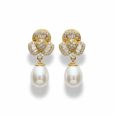 Foto Brinco Trevo pérola baguete Prata 925 Ouro 18 k