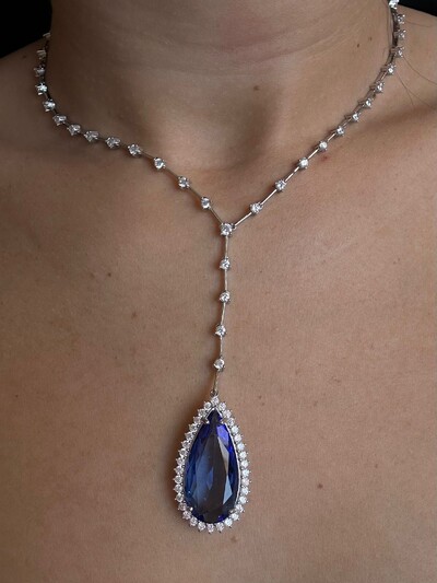 FotoColar Riviera Faca Gota Cristal Azul Prata 925 Ródio