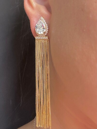 FotoBrinco Franja Gota Zircônia Prata 925 Ouro 18 K