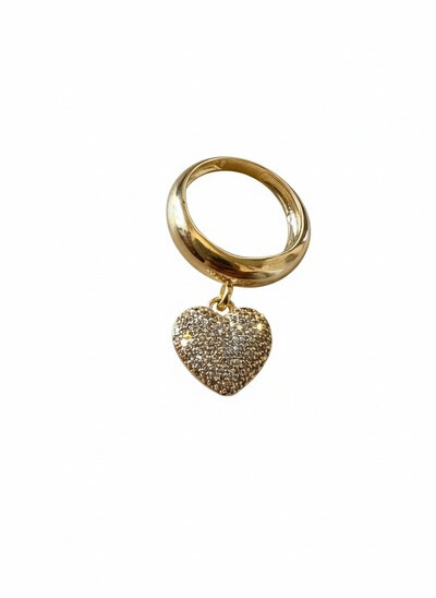 Foto Anel coração pendurado micro cravação Prata 925 Ouro 18 k