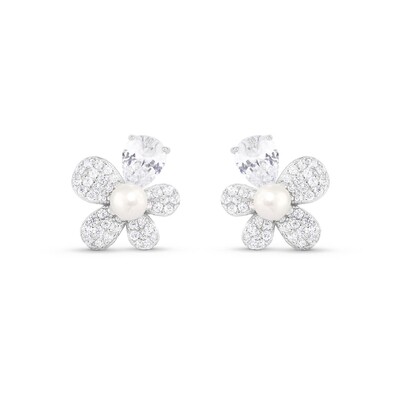 Foto Brinco Flor micro cravação pérola natural Prata 925 Ródio