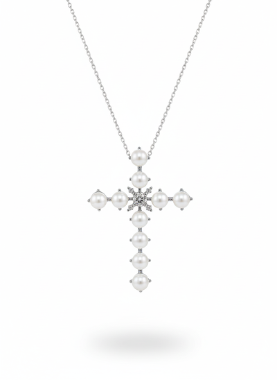 Foto Colar Pérola cruz cravejada Prata 925 Ródio 60 cm Prata 925 Ródio