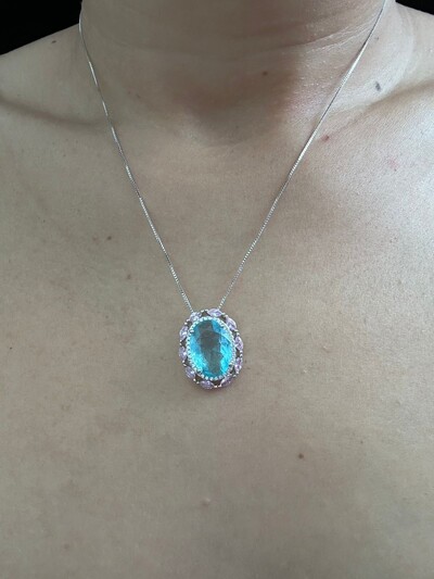 FotoColar Oval Topázio Rosa E Azul Zircônia Prata 925 Ródio