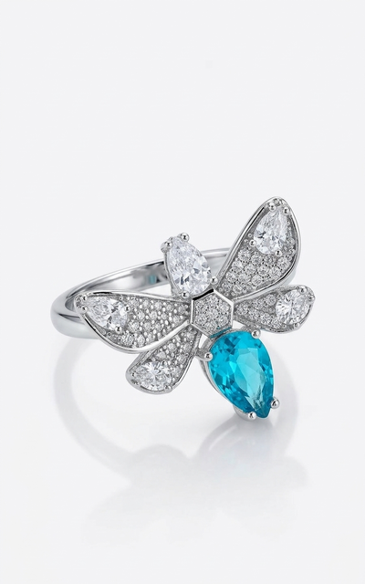 Foto Anel Abelha Topázio Azul fusion Zircônia Prata 925 Ródio