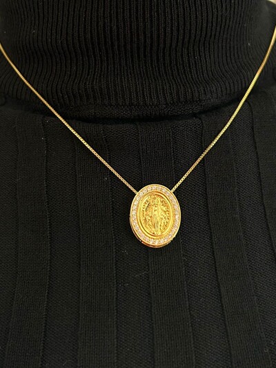 FotoColar Oval Nossa Senhora Milagrosa zircônia borda Prata 925 Ouro 18k