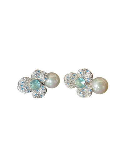 Foto Brinco Flor Pérola Topázio Azul Prata 925 Ródio
