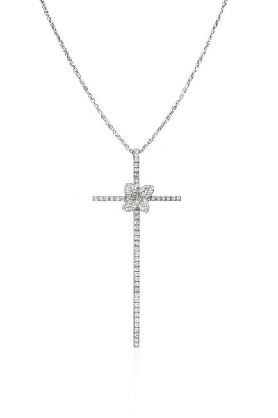 Foto Colar Cruz maleável flor centro zircônia Prata 925 Ródio