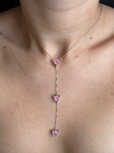 FotoColar Gravata 3 pedras quartzo rosa Prata 925 Ródio