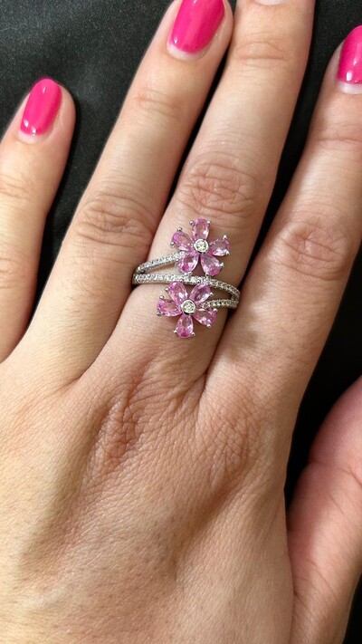 FotoAnel 2 flores Topázio Rosa fusion Zircônia Prata 925 Ródio