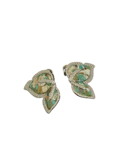 Foto Brinco duas folhas verde Zircônia Prata 925 Ródio