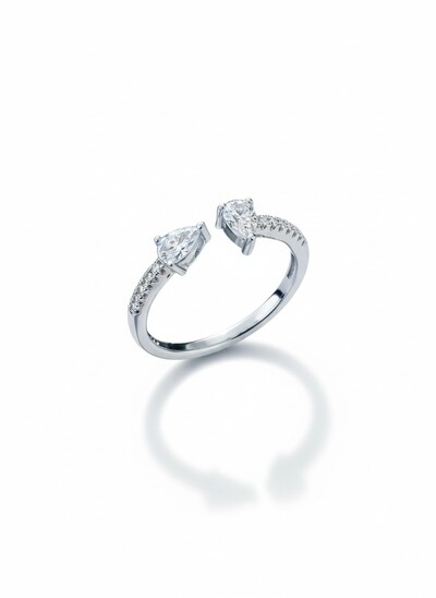 Foto Anel 2 gotas PP aberto zircônia Prata 925 Ródio