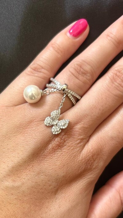 FotoAnel pérola e borboleta penduradas zircônia Prata 925 Ródio