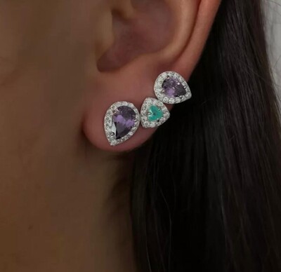 FotoBrinco Ear Cuff três gotas ametista turmalina zircônia Prata 925 Ródio