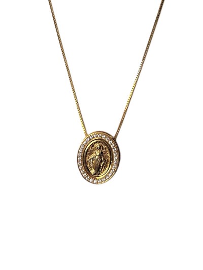 Foto Colar Oval Nossa Senhora Milagrosa zircônia borda Prata 925 Ouro 18k