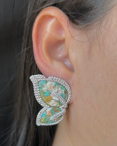 FotoBrinco duas folhas verde Zircônia Prata 925 Ródio