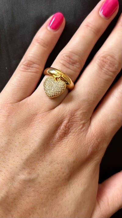 FotoAnel coração pendurado micro cravação zircônia Prata 925 Ouro 18 k