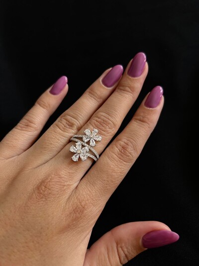 FotoAnel 2 flores zircônia branca Prata 925 Ródio