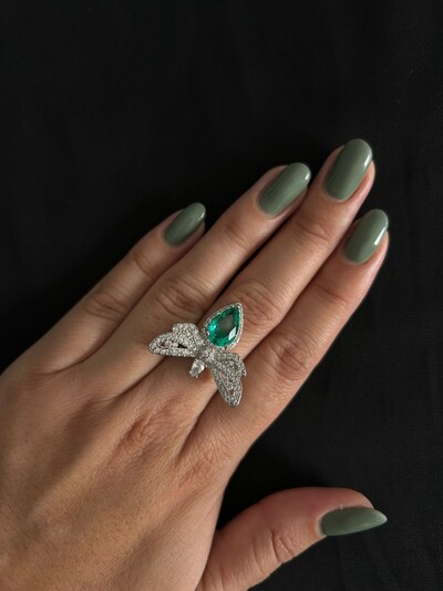 FotoAnel Abelha Turmalina Verde Fusion Zircônia Prata 925 Ródio