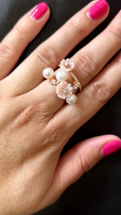 FotoAnel 2 fileiras zicônia pérola e madre pérola Prata 925 Ouro Rose