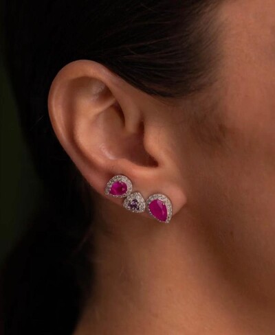 FotoBrinco Ear Cuff três gotas topázio rosa ametista zircônia Prata 925 Ródio