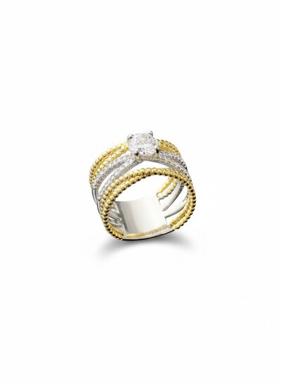 Foto Anel X com solitário Prata 925 Ródio e Ouro 18 k