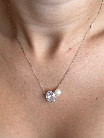 FotoColar Pérola e zircônia Oval Prata 925 Ródio