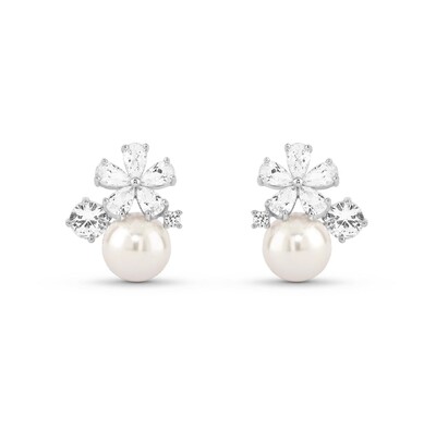 Foto Brinco Flor zircônia Pérola Prata 925 Ródio