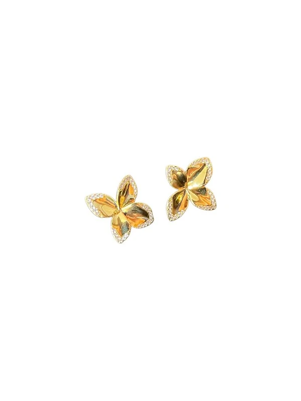Brinco Flor 4 pétalas M zircônia borda Prata 925 Ouro 18 k