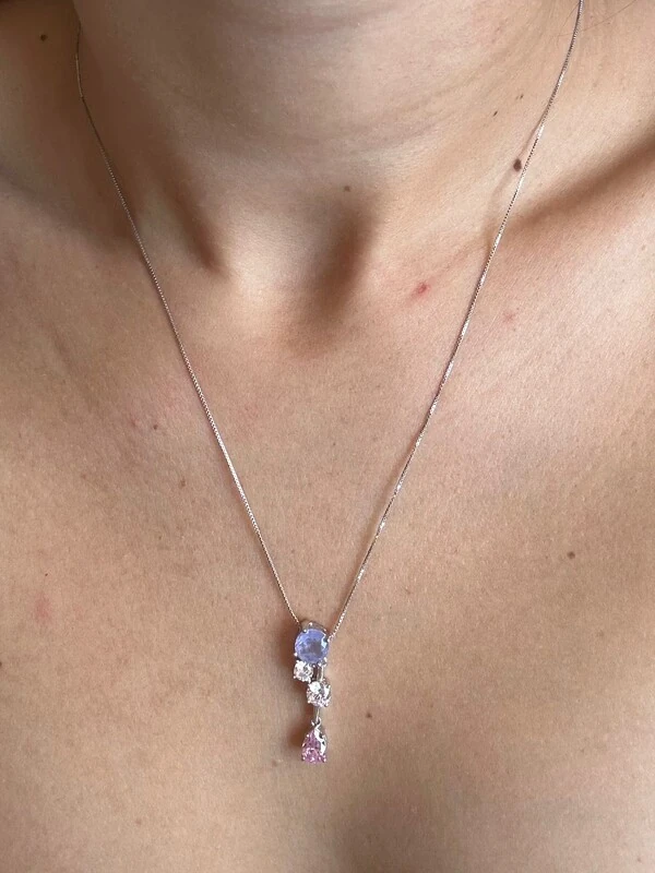 Colar 4 Pedras Lilás Branca Rosa Prata 925 Ródio