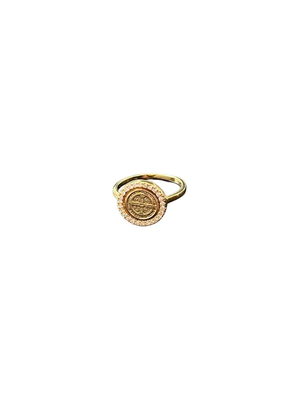 Anel São Bento redondo com zircônia Prata 925 Ouro 18 k