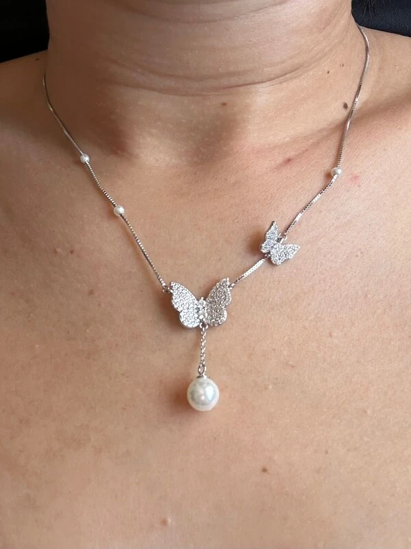 Colar Borboleta Zircônia Pérola Prata 925 Ródio