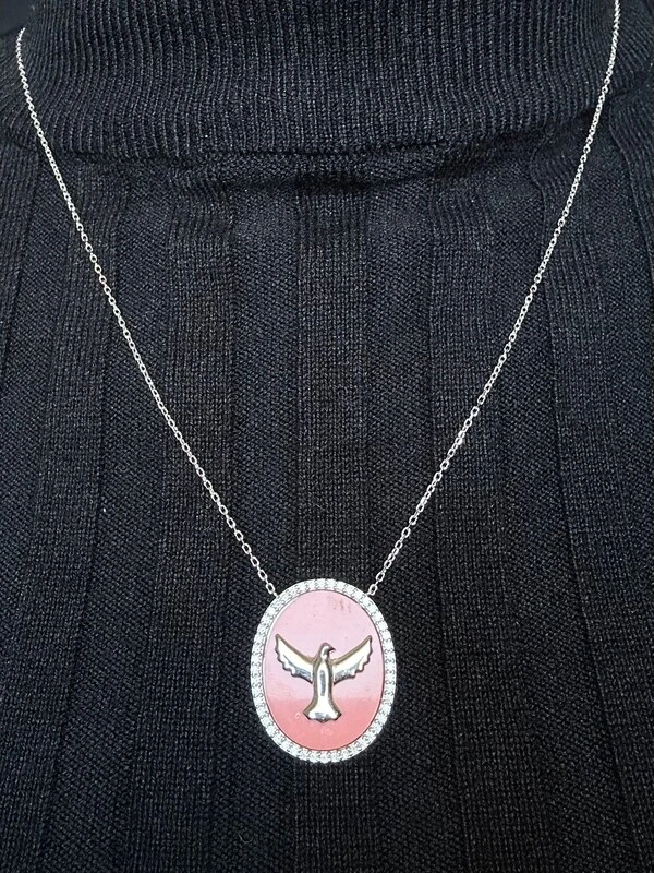 Colar Oval Espírito Santo Coral e zircônia Prata 925 Ródio