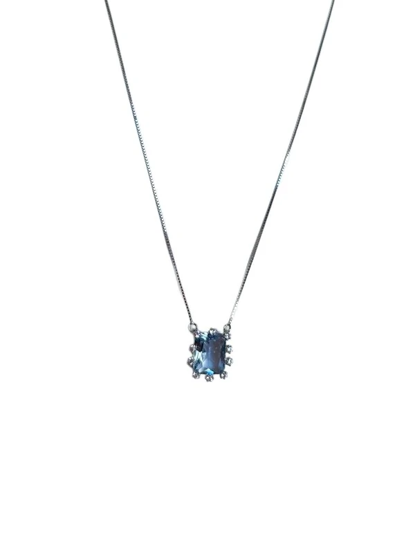 Colar Quadrado Cristal azul Prata 925 Ródio