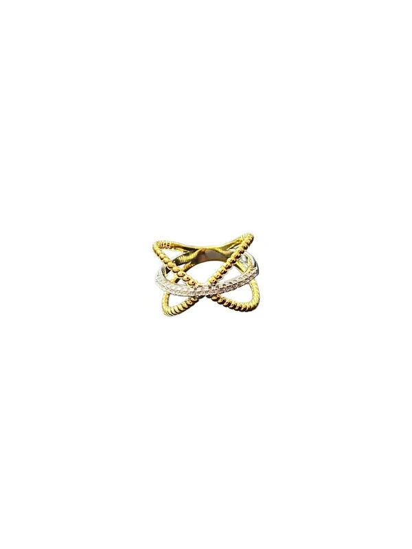 Anel X com zircônia Prata 925 Ródio e Ouro 18k